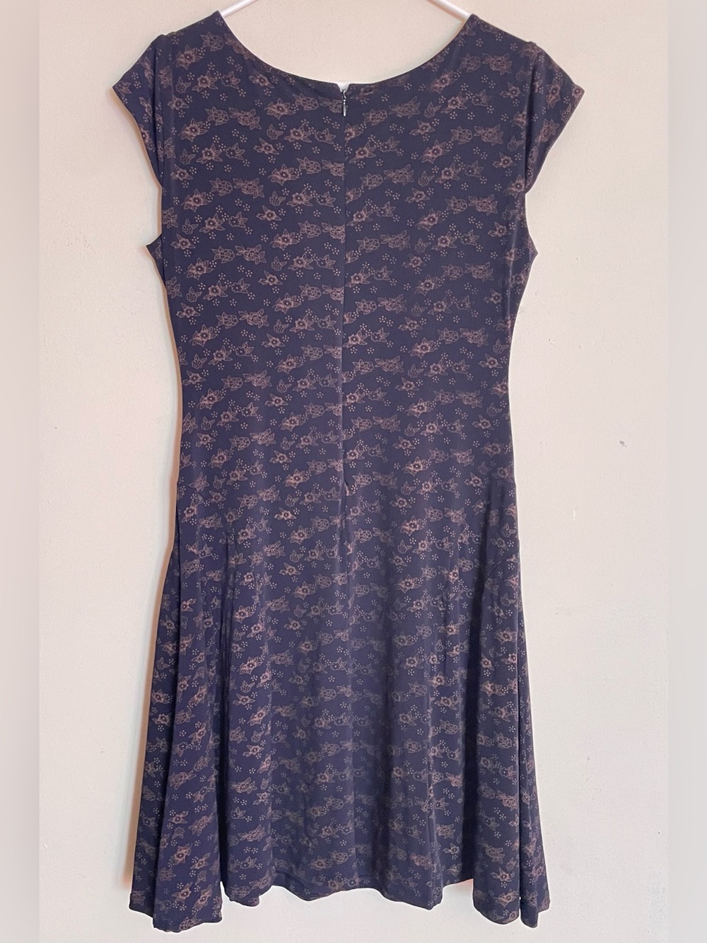 EBZA Navy Blue and Brown Floral Cap Sleeve Fit & Flare Dress - Picture 3 of 5